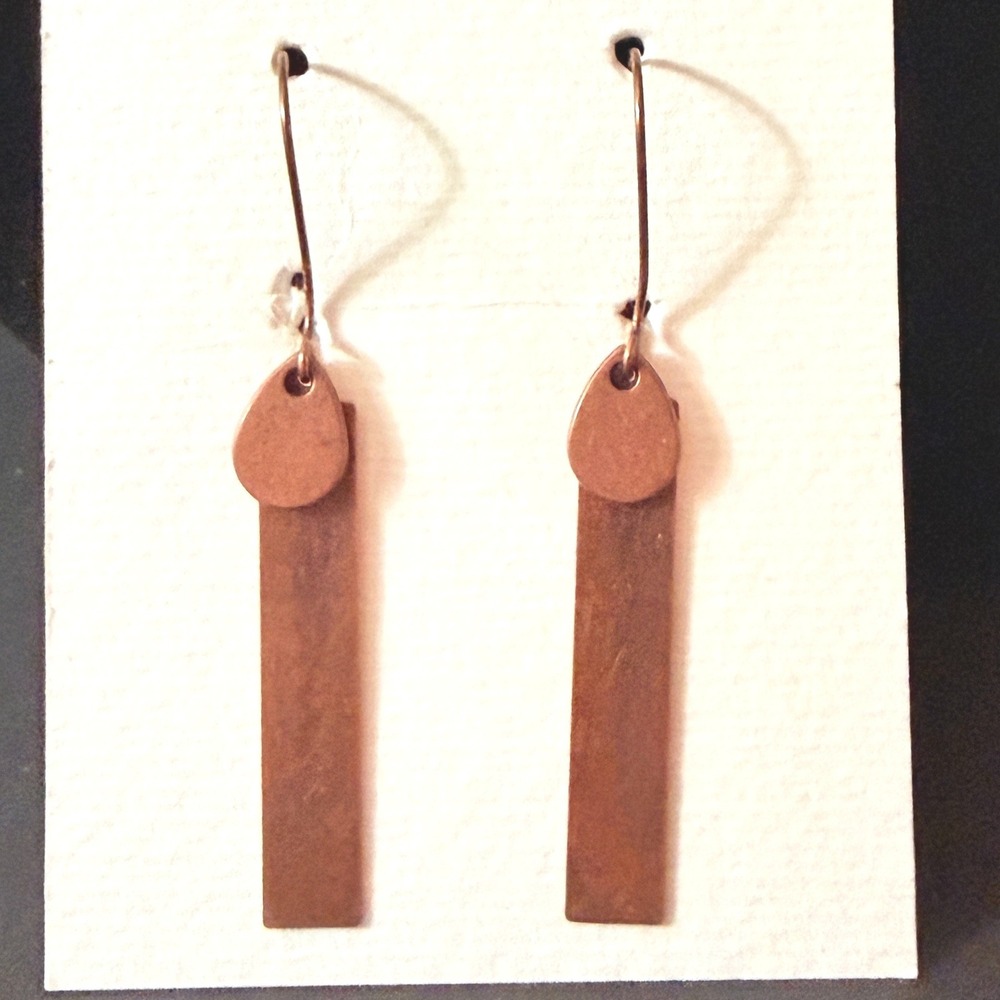 Handmade Copper Tone Geometric Bar Teardrop Dangle Earrings Stephanie Aune 2"